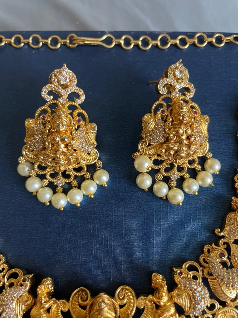 Traditional Gold-Tone Temple Necklace Set with Pearl Drops